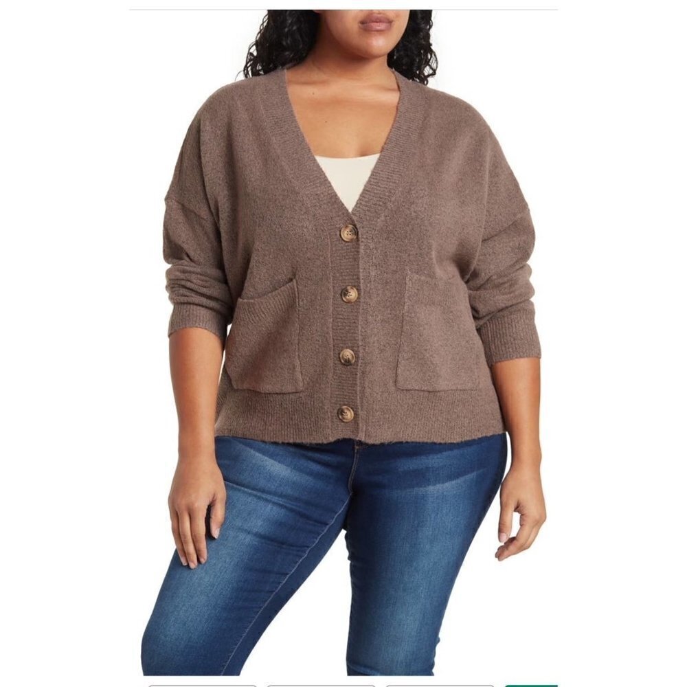 Sanctuary Womens Brown Knit V Neck Button Front Cardigan Sweater Plus Sz 2X New